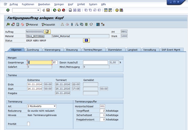 Im Reiter Allgemein  werden wichtige Daten bezüglich der Menge, der Termine, der Terminierung und der Terminierungspuffer festgelegt. In der Transaktion Fertigungsauftrag anlegen [CO01] für das Motorrad spezifiziert man alle Anforderungen an die Produktion.