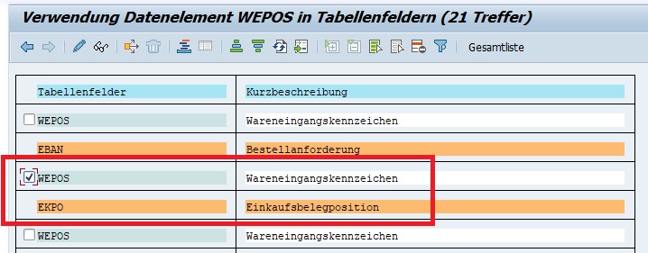 Verwendung Datenelement WEPOS