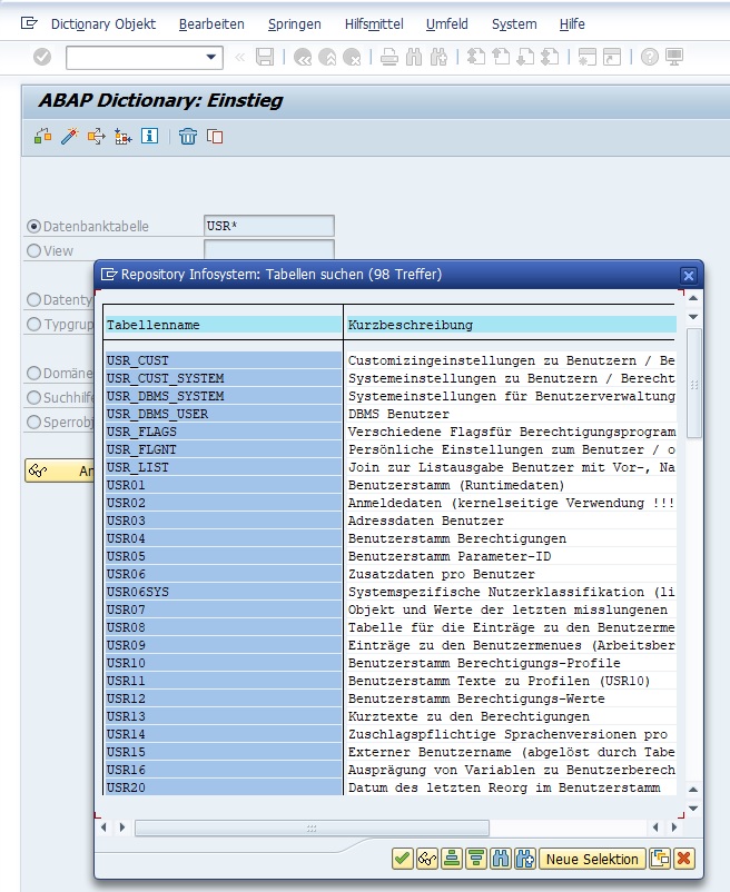 ABAP Dictionary - SAP-Tabellen für Berechtigungen